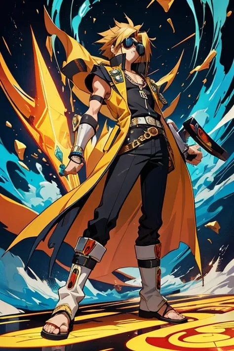 um homem com longos cabelos ruivos, a yellow coat and sunglasses and a disc on his left arm alone, Traje real de Akira, Gatilho Estilo de Arte de Anime, guilty gear strive splash art, arte chave do anime, Arte Oficial, Parte Brando, arte oficial altamente ...