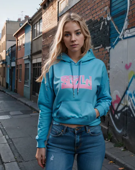 beautiful european girl , 29 years old, with blue eyes and blonde hair, big boobs, jeans and pink hoody, sexy, Our young girl, explores the city streets with an air of curiosity and confidence. The photoshoot begins against the backdrop of a graffiti-cover...