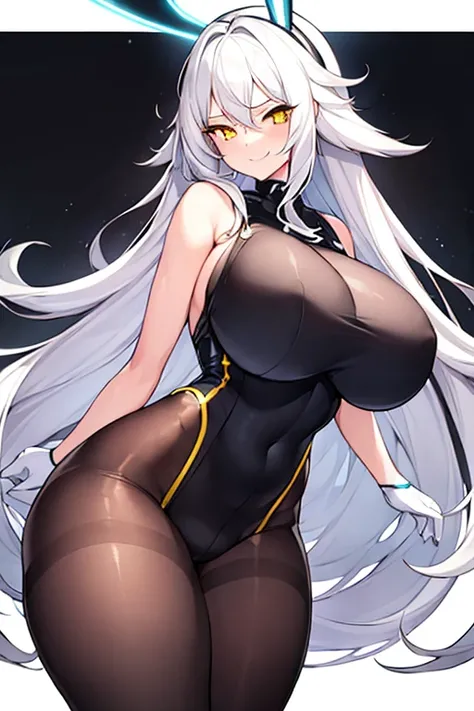 1girl, white hair, long hair, huge breasts, thick thighs, wide hips, yellow eyes, smile, smirk, smug, bodysuit, black bodysuit, white trim, sleeveless pantyhose, white neon trim, neon trim