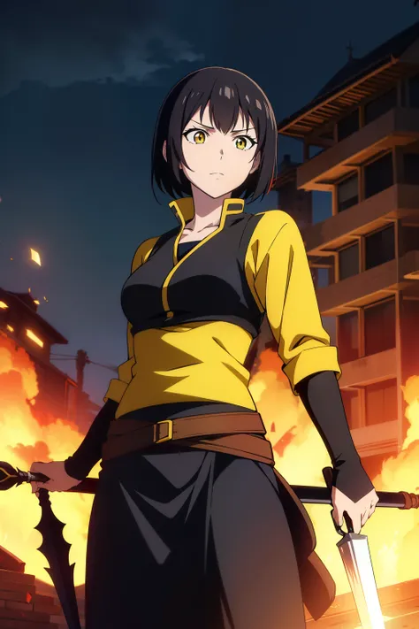 (Best Quality, masutepiece, High resolution, anime screen cap, anime colours, offcial art, black hair, yellow eyes, female warrior, spear