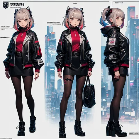 ((Masterpiece, Highest quality)), Detailed face, (Character Design Sheet)，full bod, very detailed, Multiple poses and expressions, Highly detailed, Depth, ((beautiful Cyberpunk girl，leather，lace pantyhose,)) High Balance，Natural light，(multicolor Harajuku ...