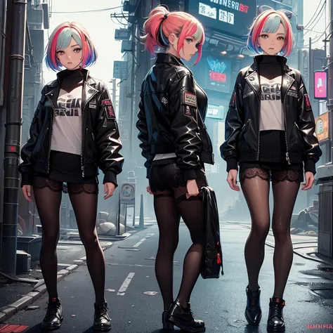 ((Masterpiece, Highest quality)), Detailed face, (Character Design Sheet)，full bod, very detailed, Multiple poses and expressions, Highly detailed, Depth, ((beautiful Cyberpunk girl，leather，lace pantyhose,)) High Balance，Natural light，(multicolor Harajuku ...