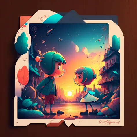 Postcards and postcards, framed, capsuled, a close up of a couple kissing on a street in a postalcard with a sunset in the background, beeple and jeremiah ketner, kiss, official artwork, cyril rolando and m.w kaluta, cyril rolando and m. w kaluta, inspired...