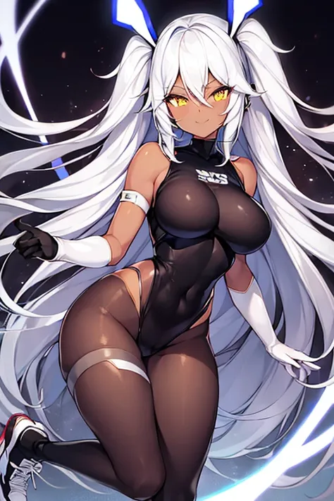 1girl, dark-skinned female, dark skin, white hair, long hair, large breasts, wide hips, yellow eyes, smile, smirk, smug, bodysuit, black bodysuit, white trim, sleeveless, black pantyhose, pantyhose, white neon trim, neon trim, shoes, sneakers, futuristic, ...