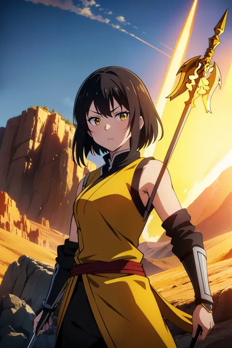 (Best Quality, masutepiece, High resolution, anime screen cap, anime colours, offcial art, black hair, yellow eyes, female warrior, spear