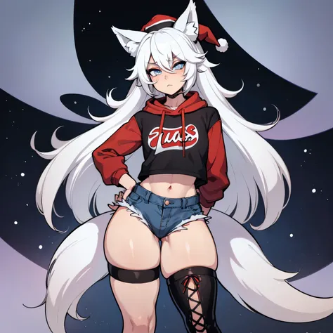 Femboy with wolf ears, has white hair,  male, male, short, wearing cropped hoodie, wearing denim short shorts, wearing thigh high fishnets, wearing black combat boots, SOLO, ALONE, (SOLO)(ALONE), has blue eyes, (Perfect eyeasterpiece) thick thighs, wide hi...