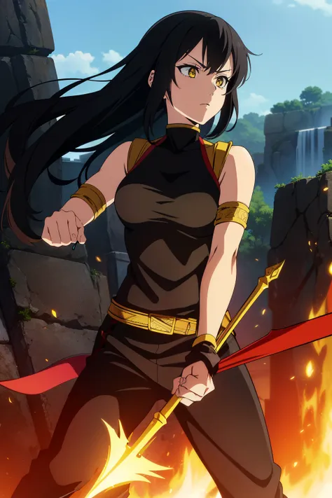 (Best Quality, masutepiece, High resolution, anime screen cap, anime colours, offcial art, black hair, yellow eyes, female warrior, spear