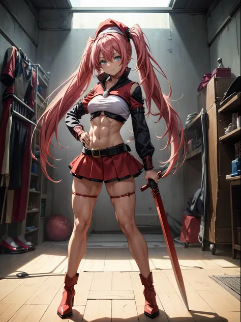 (((1 girl))), (wearing red Santa hat), (Milim Nava of tensei shitara slime), (pink hair twintails), (blue eyes), medium chest, (nails painted black), perfect hands , (((wearing a very sexy Santa Claus outfit with a very short red skirt))), (((full body vie...