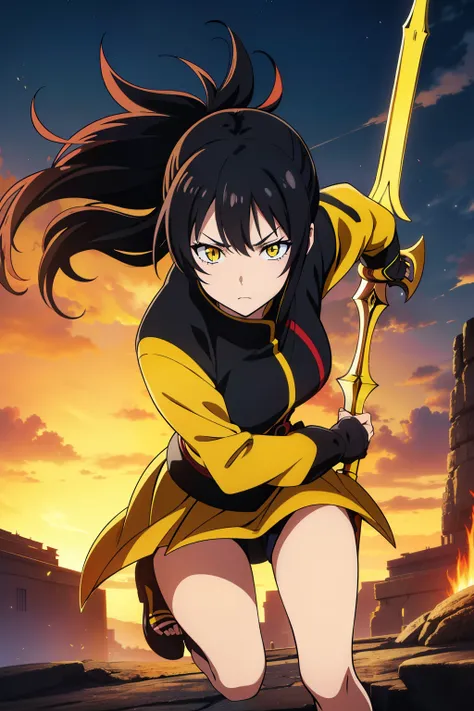 (Best Quality, masutepiece, High resolution, anime screen cap, anime colours, offcial art, black hair, yellow eyes, female warrior, spear