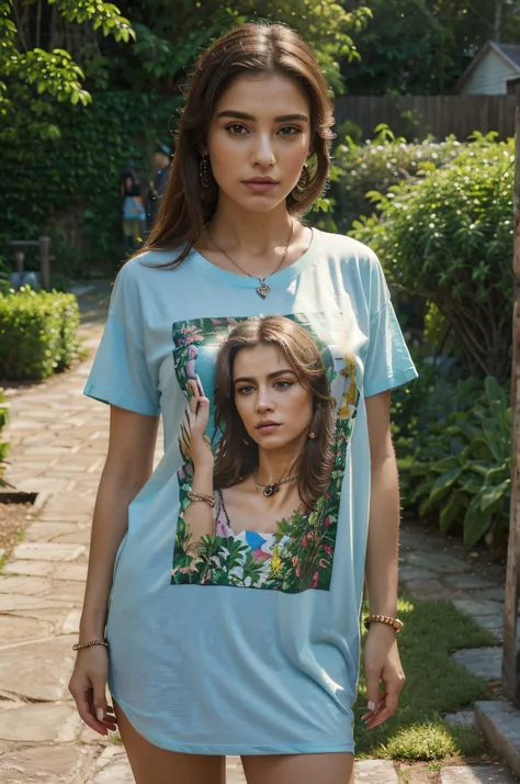 ((best quality)), ((masterpiece)), ((wear fully covered shirt)), ((standing near garden)), ((Highlighting her jewellery)), ((Realistic face)), (detailed), ((Graphic t shirt))