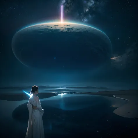 Embark on a cosmic meditation journey as you join a Jedi in profound contemplation on a distant alien world. Picture a serene landscape with pristine oceans stretching as far as the eye can see, reflecting the glow of twin moons in the night sky. The air i...