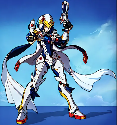 a cartoon image of a woman with a gun in her hand, ferra mecha branco,  imperatriz ciborgue futurista, arte oficial do personagem, Anime Ciborgue, Deus grego no estilo mecha, cyber fight armor, terno varia, estilo de duelyst, mecha humano, mulher nobre cib...