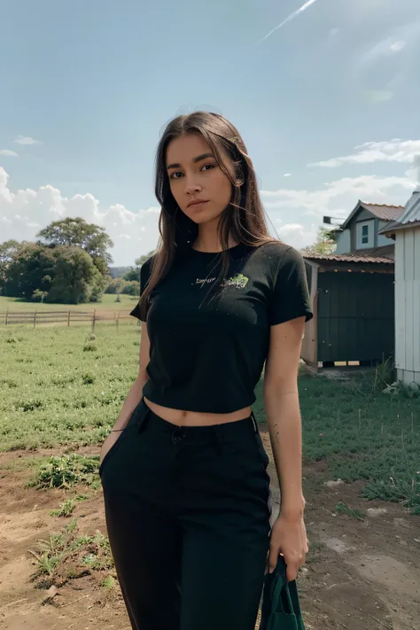 Uma imagem de uma mulher bonita e branca, com 2,10 metros de altura, cabelo volumoso e preto, wearing black pants and a green shirt, Parado em uma fazenda. Ao fundo, uma casa simples em um ambiente rural, under a serene blue sky