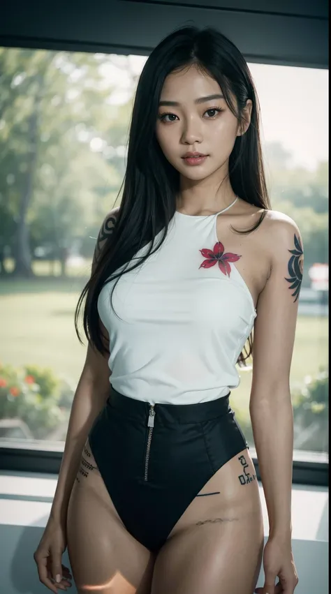 40 years old, gorgeous cute  Indonesian girl, smirk, freckles, (dark skin:1.6), a close up of a woman in a white top and red flowers, tzuyu from twice, jaeyeon nam, heonhwa choe, lee ji - eun, lee ji-eun, hwang se - on, jinyoung shin, park ji-min, bae suzy...