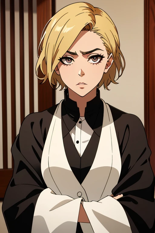 best quality)), ((masterpiece)), (detailed), 1girl, perfect face, serious face, serious, sexy, gloomy, mysterious, eyebrows,crossed arms,perfect hands,five finger, Shinigami, short blonde hair, very short cut thick, eyebrows, sinigami outfit, Shihakushō, s...