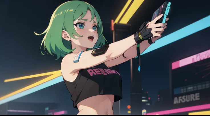 uma mulher com olhos verdes e blusa preta em frente a um sinal verde noturno, Garota de Anime Cyberpunk com fone de ouvido gamer, Anime girl dancing excitedly, arte cyberpunk anime, arte digital do Anime 2D Cyberpunk, Aura verde, cyberpunk digital - arte d...