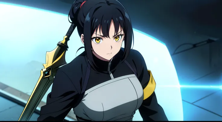 (Best Quality, masutepiece, High resolution, anime screen cap, anime colours, offcial art, black hair, yellow eyes, female warrior, spear