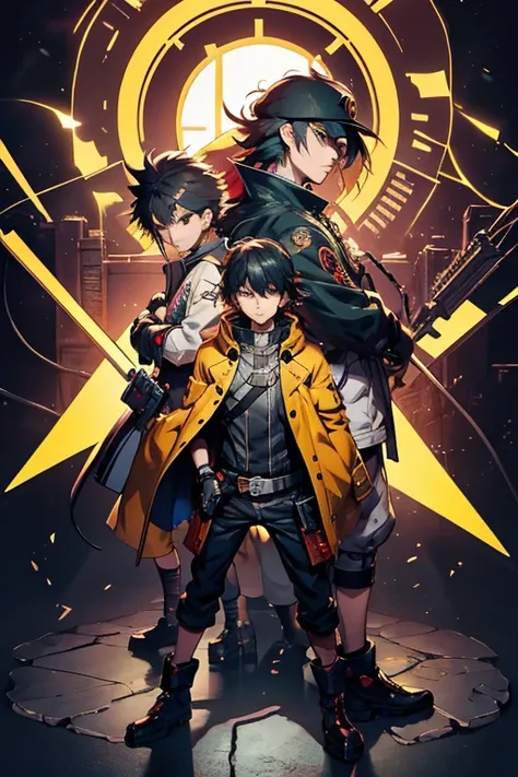 um homem com longos cabelos ruivos, a yellow coat and a disc on his left arm alone, Traje real de Akira, Gatilho Estilo de Arte de Anime, guilty gear strive splash art, arte chave do anime, Arte Oficial, Parte Brando, arte oficial altamente detalhada, Esti...