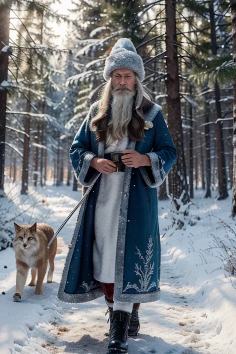 hyper-detailing, computer graphics, Santa Claus in full growth, clearly drawn face, walking through the winter forest, classic Russian hat, the staff is decorated with precious stones, fur coat and fur hat embroidered with silver threads, cobweb, Diamonds,...