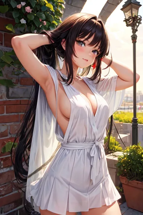 ((La mejor calidad)), ((Obra maestra)), (Detallado), Cara perfecta Chica anime con vestido corto, cabello negro y rojo, grandes senos, anime rostro perfecto en pose de guerrera de sexo femenino anime .