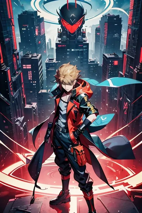 um homem com longos cabelos ruivos, a yellow coat and a disc on his left arm alone, Traje real de Akira, Gatilho Estilo de Arte de Anime, guilty gear strive splash art, arte chave do anime, Arte Oficial, Parte Brando, arte oficial altamente detalhada, Esti...