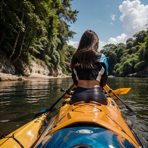 Usando uma foto minha cria um fundo futurista onde eu esteja a pescar com kayak