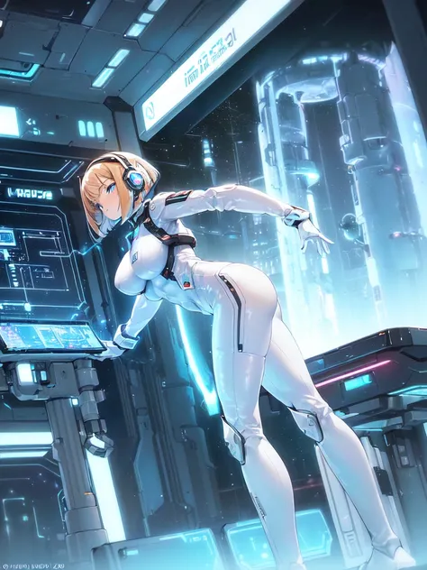 ​masterpiece:1.4, 1girl in ((20yr old, Wearing a futuristic white and silver costume, Tight Fit Bodysuit, long boots, Very gigantic-breasts, Multicolored blonde hair, a short bob, Perfect model body, Blue eyes:1.2, Wearing headphones, Looking out the windo...