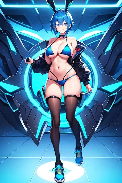 1girl, large breasts, wide hips, blue hair, short hair, very short hair, blue eyes, bikini, black bikini, shoes, sneakers, neon, machinery, tech, futuristic, science-fiction, blue neon trim, neon trim, light smile, bunny ears, rabbit ears, full body, jacke...