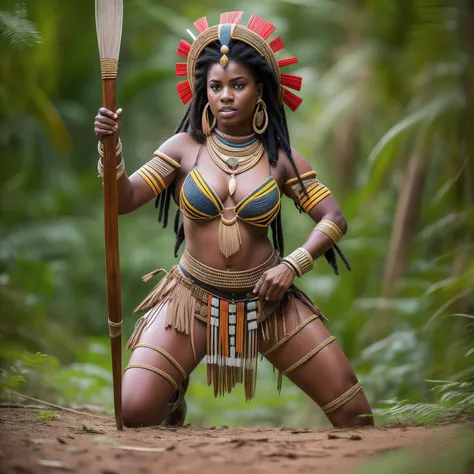 Full body Beautiful African Zulu woman warrior dressed in characteristic attire carrying a deadly spear, agazapada en la jungla asechando a su presa, gran angular, ultra      detallada, imagen 3 D, 34K resolution, octanaje       renderizado, detalle intric...