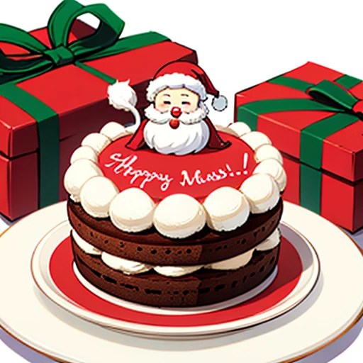 Best Quality, cute santa claus cake illustration, Delicious cake illustration. Cake in the shape of a ghost, 1 slice cut, Looks appetizing. cake placed on a white plate, and white background. Show center, Make sure the entire cake is visible without interr...