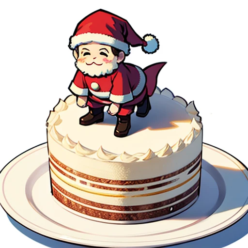 Best Quality, cute santa claus cake illustration, delicious cake illustration. cake in the shape of santa claus, 1 slice cut, Looks appetizing. Cake placed on a white plate, and white background. View Center, Make sure the entire cake is visible without in...