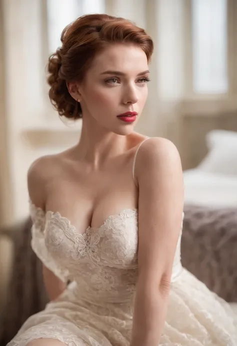 Foto zu Scarlet Johansson, Beautiful woman hair updo updo updo, roter Kopf, im Bett liegen (spreading leg body:1.3), sexy Figur, (big boobs:1.3), (Lace stockingAsterpiece) (best quality) (Detailliert) (8K) (HDR) (Tapete) (Filmische Beleuchtung) (Scharfer F...