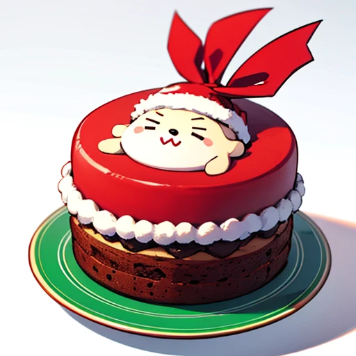 Best Quality, cute christmas cake illustration, delicious cake illustration. cake in the shape of santa claus, 1 slice cut, Looks appetizing. Cake placed on a white plate, and white background. View Center, Make sure the entire cake is visible without inte...