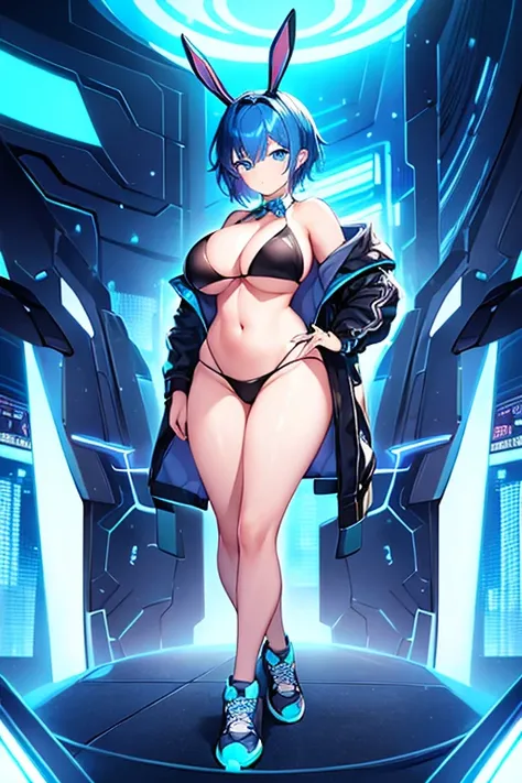 1girl, large breasts, wide hips, blue hair, short hair, very short hair, blue eyes, bikini, black bikini, shoes, sneakers, neon, machinery, tech, futuristic, science-fiction, blue neon trim, neon trim, light smile, bunny ears, rabbit ears, full body, jacke...