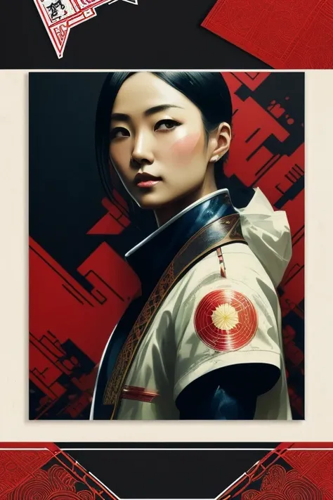 Overlay Japanese postcard type (a 16k postcard fit for a HUNTER) addressed in bold font, behance hd, Large white border all round, laser painted with vibrant oils, art by Maciej Kuciara, cgsociety,