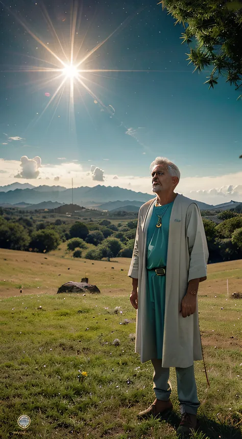 Crie uma paisagem celestial com um escudo celestial sobreposta a um sol radiante.
Add a green grass element to represent the idea of not taking good away from those who walk upright, an older man dressed as a biblical character, Looking Up The Sky .