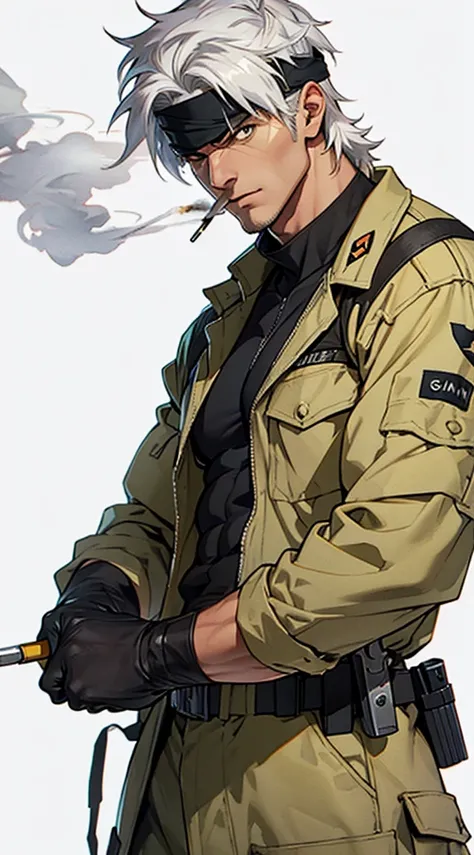 Solid Snake with white hair and eye cap smoking cigarette and sharpening army knife and very serious and dressed in army clothes and white background with yellow colors watercolor style