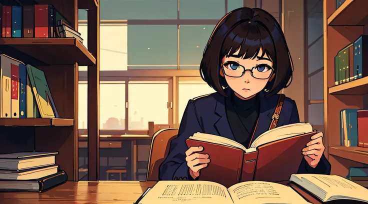 masterpiece, best quality, beautiful girl with large glasses, Kuvshinov Ilya, sitting at desk reading book, library --v6