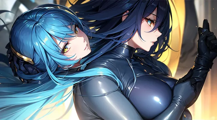 Beautiful women in long blue and black leather suits with yellow eyes hug each other