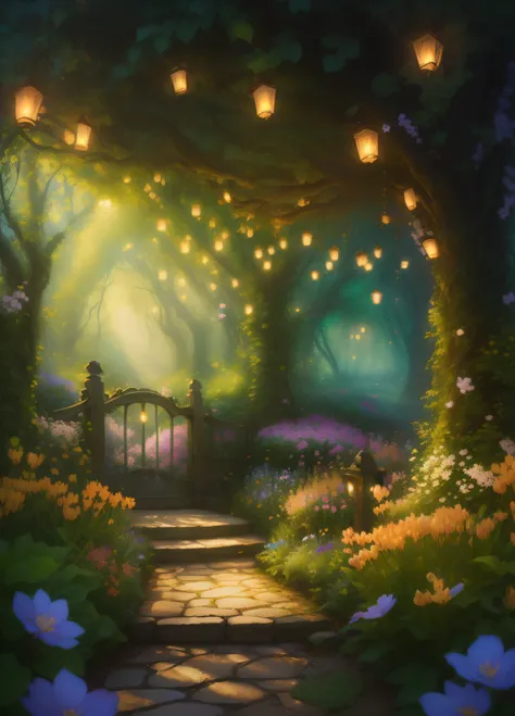 un gros plan d&#39;a sentier with flowers and lanterns in arrière-plan, Enchanted garden photography, very magical and dreamy, Arrière-plan de fée magique, Environnement magique, Magical background, Enchanted garden, Enchanted Magical Fantasy Forest, Comfo...