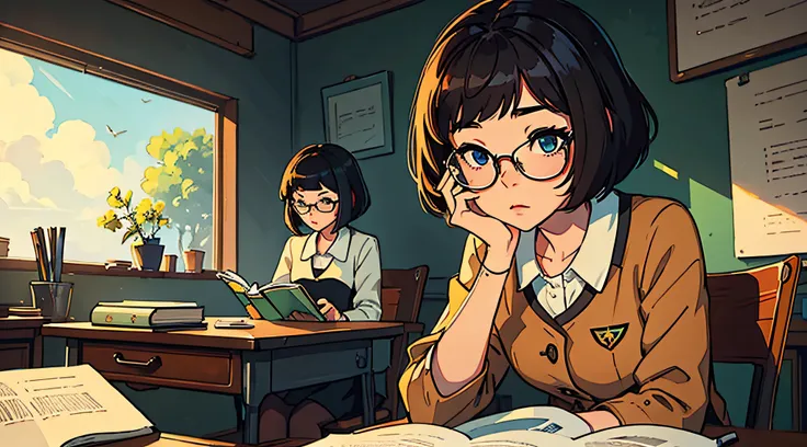 masterpiece, best quality, beautiful girl with large glasses, Kuvshinov Ilya, sitting at desk reading book, lo-fi beats girl