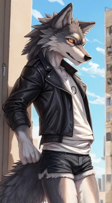 Author: zackary911,zackary911, (The Wolf Girl:1.5). leather jacket, Shirt, Short shorts, unnaturally high