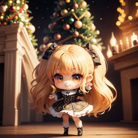 ​masterpiece、top-quality、ultra-detailliert、(Chibi Chara:1.3)、Blonde longhair、victorian rococo dress、A smile、Full-body standing figure、Huge Christmas tree with gorgeous drop lights、