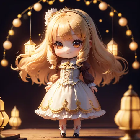 ​masterpiece、top-quality、ultra-detailliert、(Chibi Charas Daughter:1.3)、Blonde longhair、victorian rococo dress、A smile、Full-body standing figure、Huge Christmas tree with gorgeous drop lights、