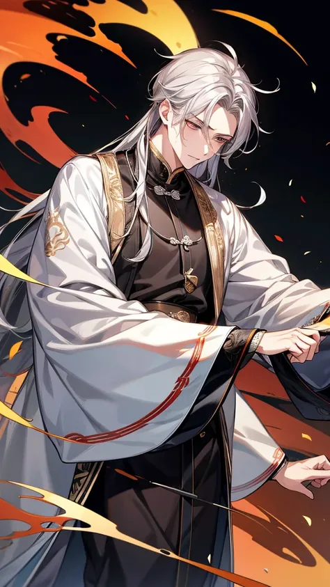 offcial art, 8k wallpaper, ultra - detailed, tmasterpiece, Best quality, (((1 boy))), hori#39;Very meticulous), dynamic angle, tricky expression, ((cunning expression)), Long gray hair，Wear white Chinese clothing， 电影灯光, 超高分辨率,