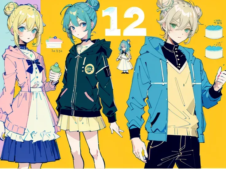 supreme， green down jacket，Standing on your feet，submachine gun，Detailed Genshin graphics，anime character design，anime concept art，pretty anime character design，anime character reference sheet，[Character design]，1girl in, ((Character information)、(Chara Le...