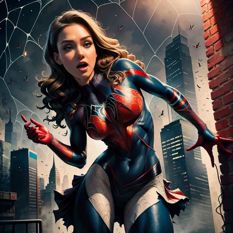 Jessica Alba、Sticking out the navel、newyork、She wears a torn Spider-Man suit,wearing skirt、 Red and black color scheme,Dynamic、​masterpiece、top-quality、ultra-detailliert、ighly detailed、beautiful detailed brilliance、超A high resolution