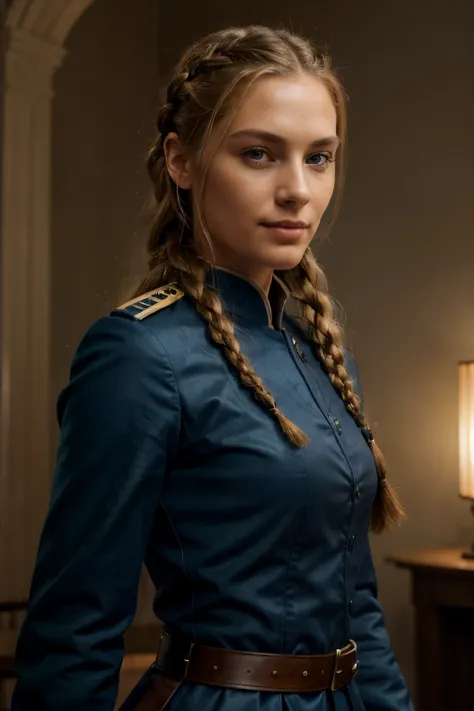 ((best quality)), ((masterpiece)), (detailed), perfect face, tall, willowy, very light blonde woman, long, tight, dutch braids, light brown/hazel eyes, photo realistic, dark blue military uniform, dramatic lighting, fantasy setting, neat hair, all braided,...