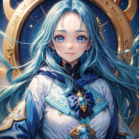 face, soro forehead0.5 blue hair girl, twinkle blue eyes:1.4, happy smile, in a blue coat, beautiful detailed grow, masterpiece.