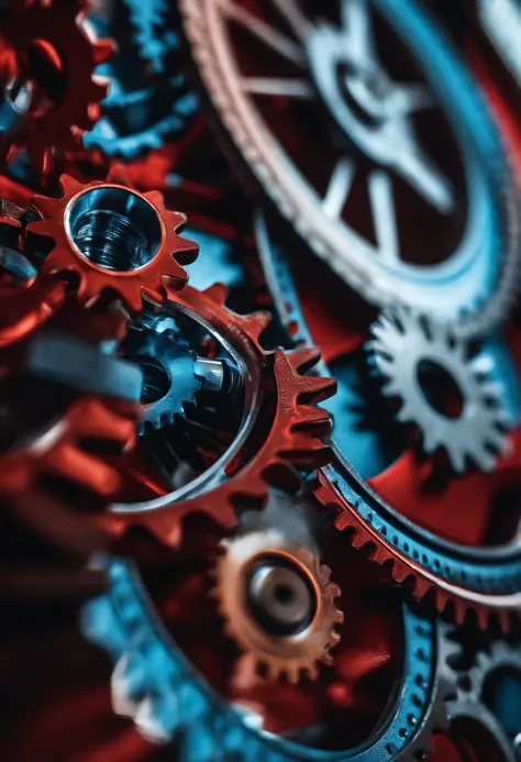 photo realistic, macro image of a complex machinery and gears, red and blue back ground